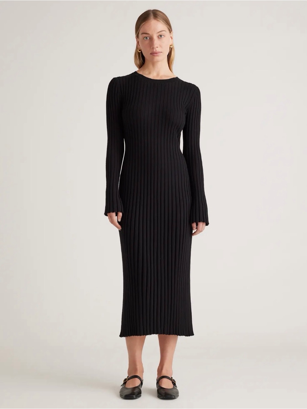 Quince Cotton Cashmere Ribbed Long-Sleeve Midi Dress Black Xs